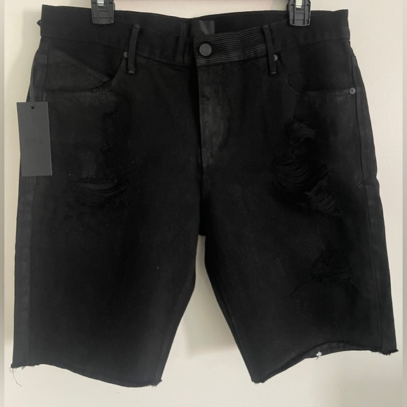 NEW 32W RTA Mens JET Black denim Waxed Distressed 100% Cotton Cross Jean Shorts - Picture 3 of 10
